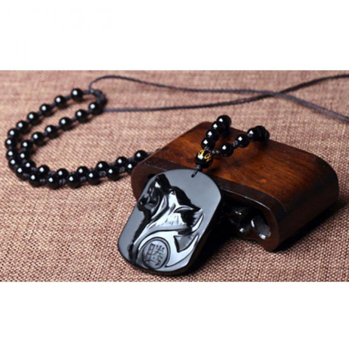 Black Obsidian Carved Wolf Head Amulet Pendant Necklace