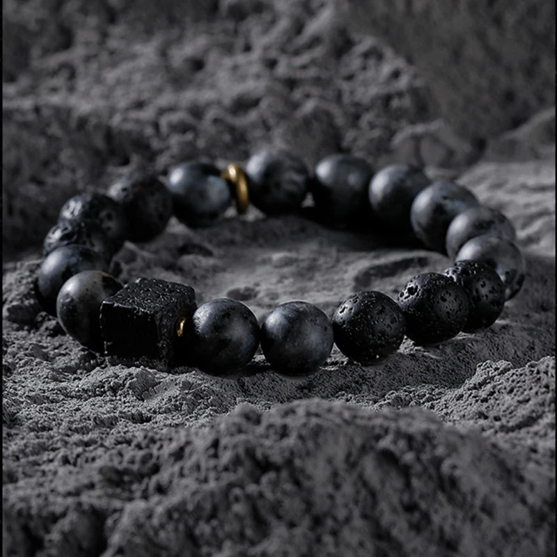 Men’s Obsidian Lava Stone Bracelet with Tiger Eye & Onyx Charm
