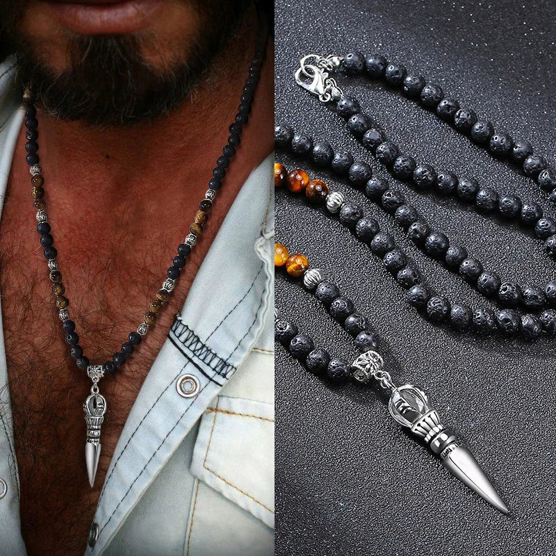 Tibetan Phurba Pendant with Tiger Eye & Lava Stone Beads