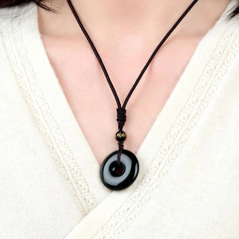 Black Obsidian & Onyx Round Pendant Necklace for Protection