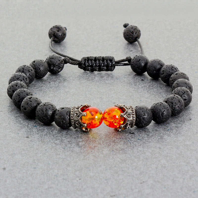 Black Lava & Tiger Eye Healing Bracelet with Crown Charm