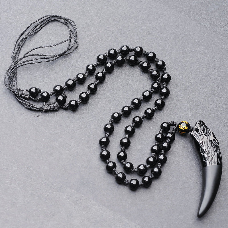 Black Obsidian Wolf Fang Pendant Necklace for Strength & Healing