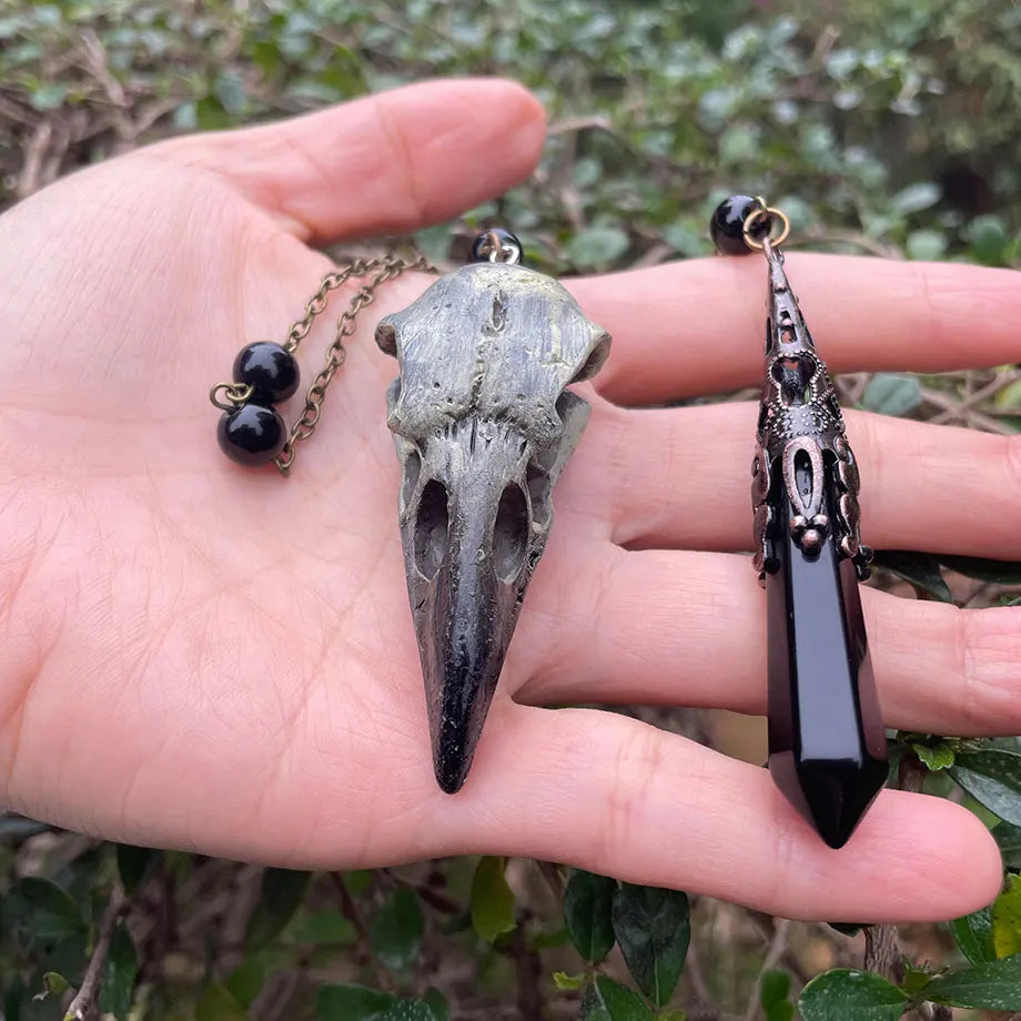 Black Obsidian Crystal Pendulum with Skull Charm for Divination