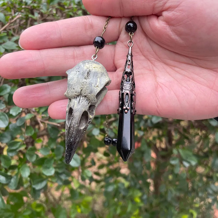 Black Obsidian Crystal Pendulum with Skull Charm for Divination