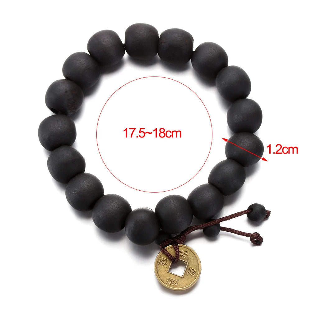 Buddha Wood Bead Bracelet with Copper Coin for Meditation
