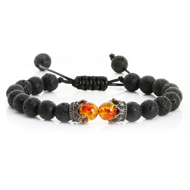 Black Lava & Tiger Eye Healing Bracelet with Crown Charm