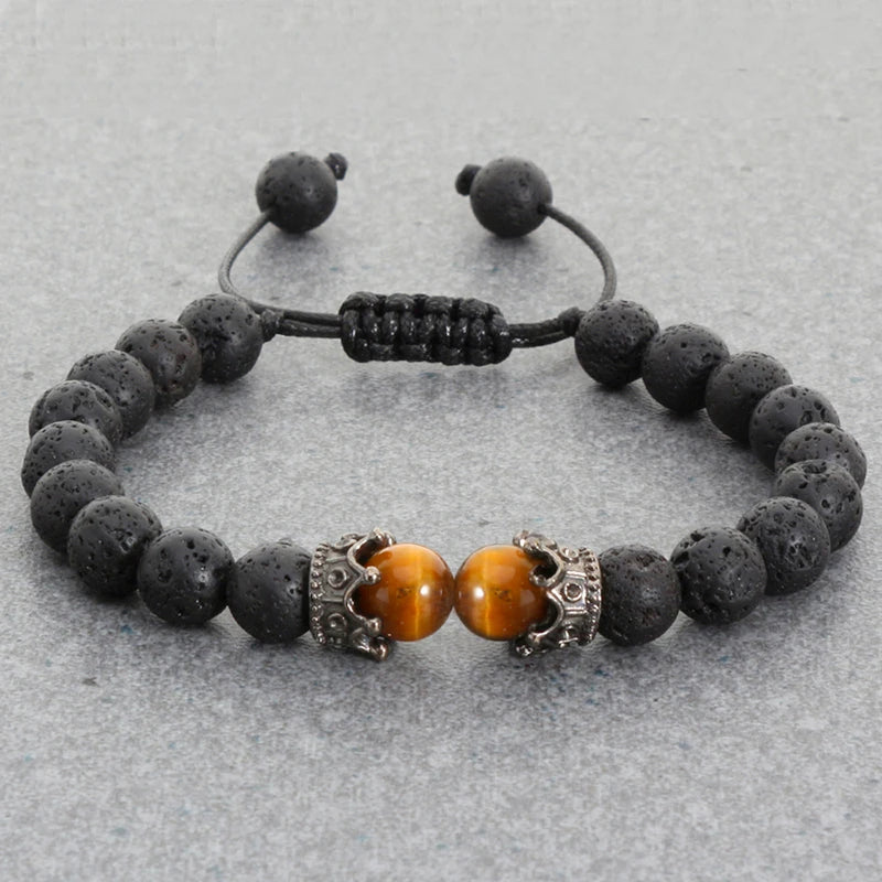 Black Lava & Tiger Eye Healing Bracelet with Crown Charm