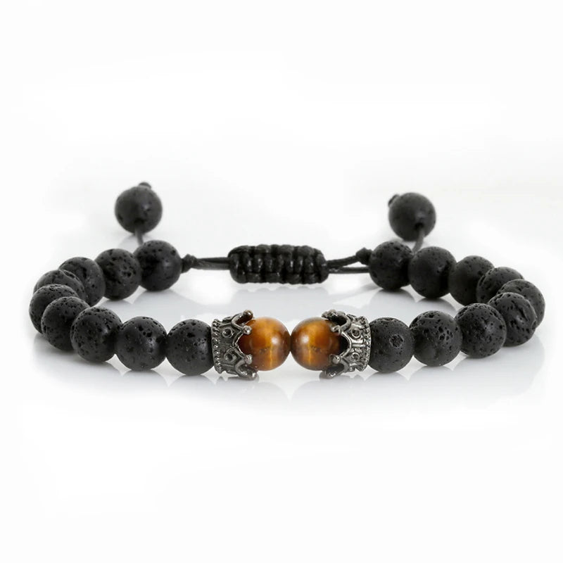 Black Lava & Tiger Eye Healing Bracelet with Crown Charm
