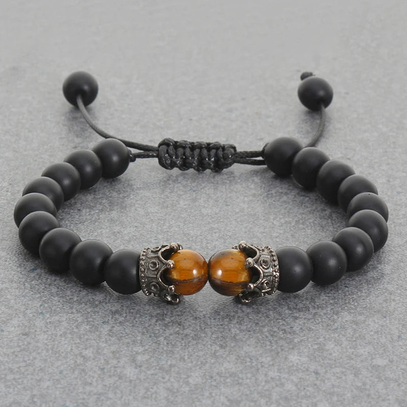 Black Lava & Tiger Eye Healing Bracelet with Crown Charm