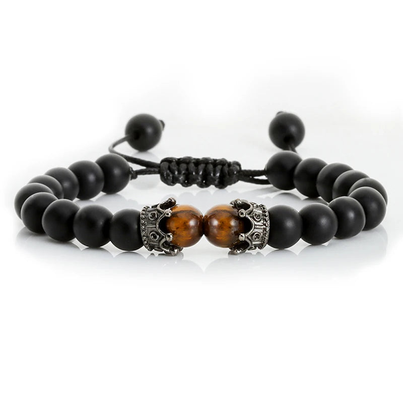 Black Lava & Tiger Eye Healing Bracelet with Crown Charm