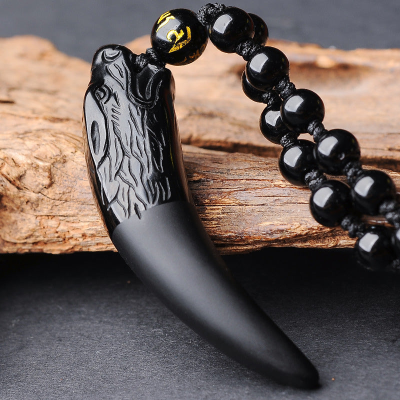 Black Obsidian Wolf Fang Pendant Necklace for Strength & Healing