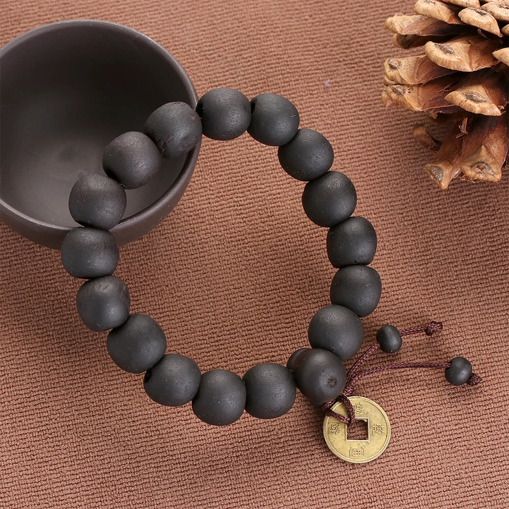 Buddha Wood Bead Bracelet with Copper Coin for Meditation