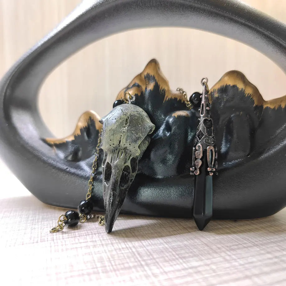 Black Obsidian Crystal Pendulum with Skull Charm for Divination