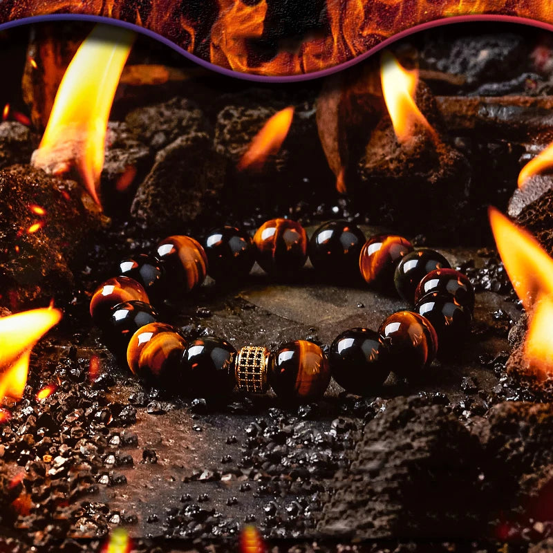 Men’s Obsidian Lava Stone Bracelet with Tiger Eye & Onyx Charm
