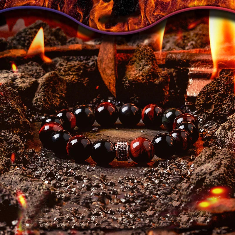 Men’s Obsidian Lava Stone Bracelet with Tiger Eye & Onyx Charm