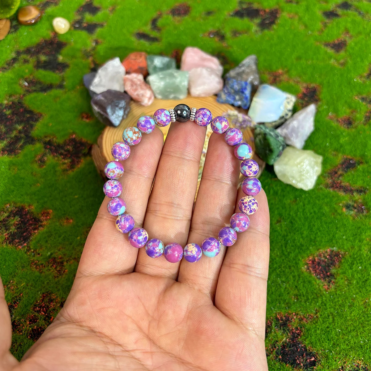 Purple Stone Boho Beaded Stretch Bracelet for Stress Relief