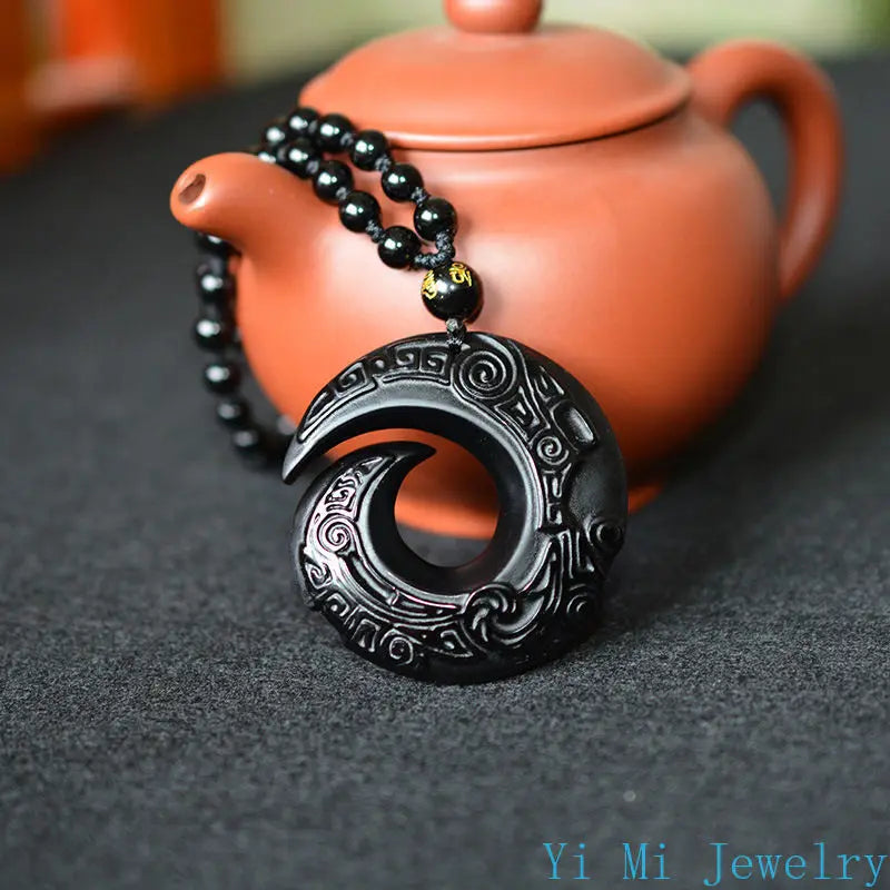 Black Obsidian Spiral Pendant Necklace for Protection & Healing