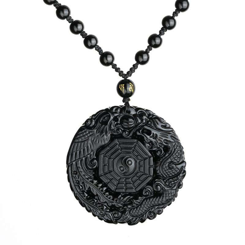 Black Obsidian Dragon Phoenix Yin Yang Protection Pendant