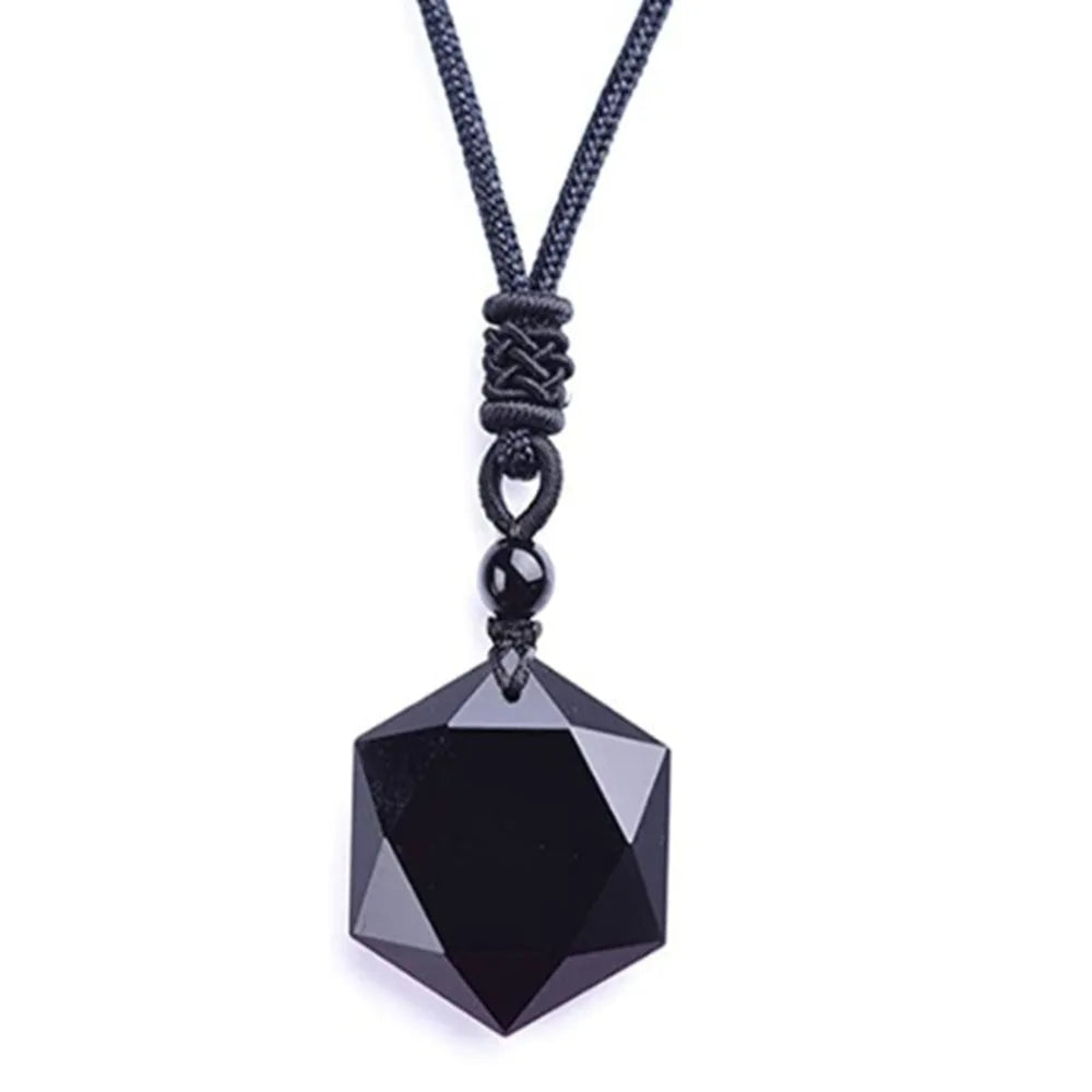 Black Obsidian Hexagram Pendant Necklace for Protection & Luck