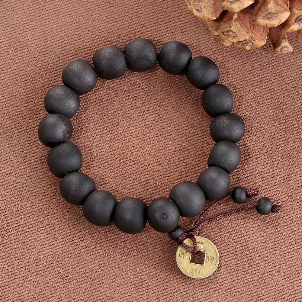Buddha Wood Bead Bracelet with Copper Coin for Meditation