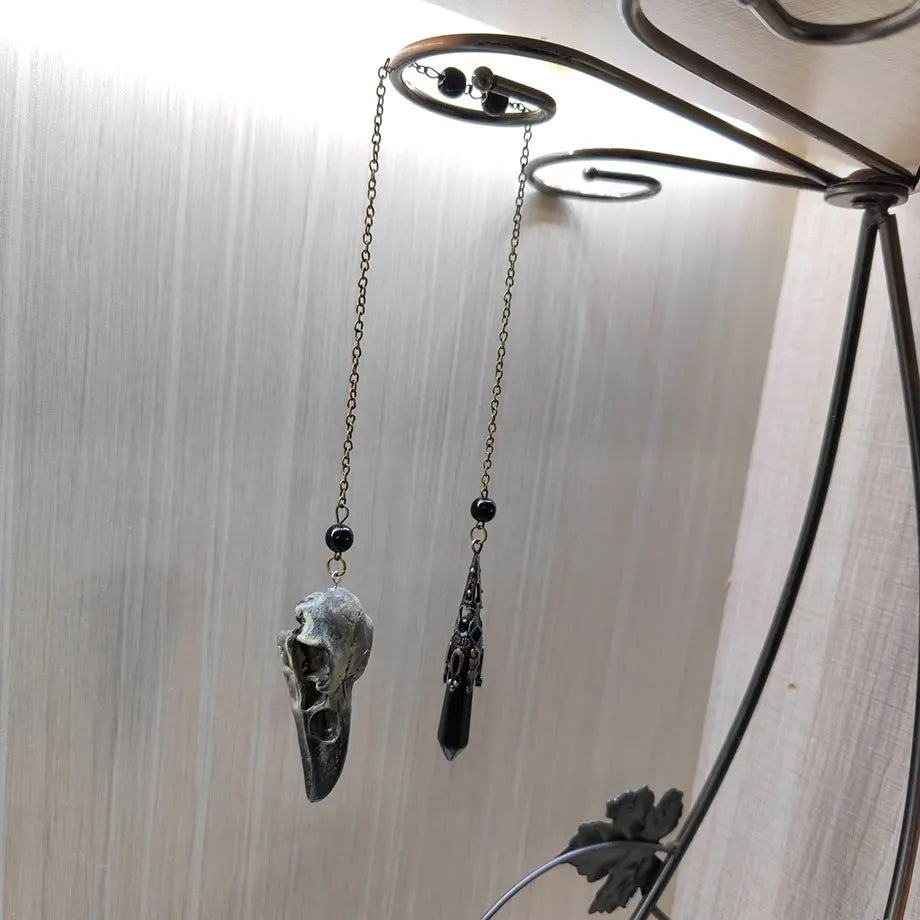 Black Obsidian Crystal Pendulum with Skull Charm for Divination