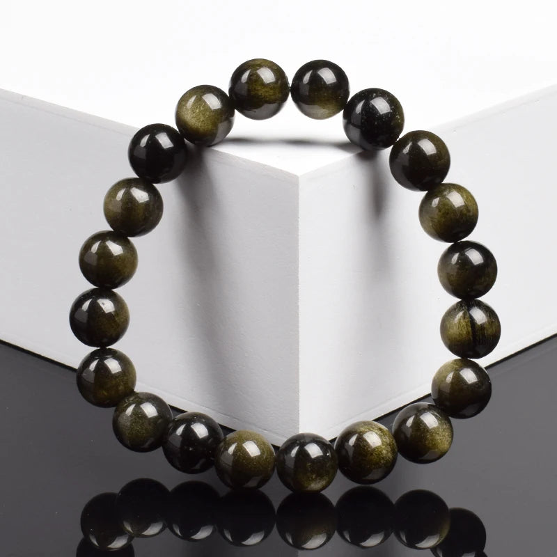 Golden Obsidian Natural Stone Stretch Beaded Bracelet Unisex