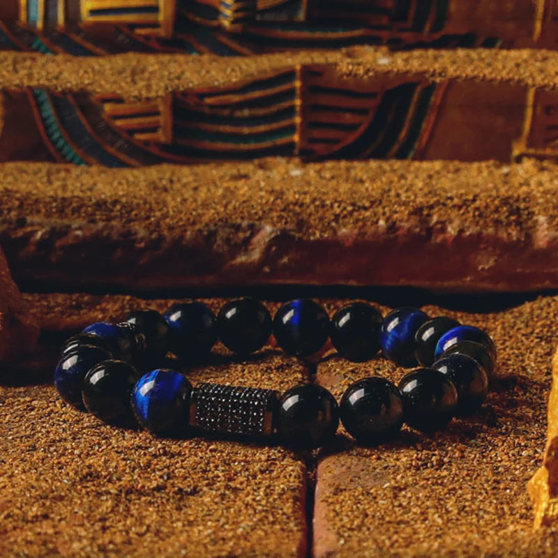 Men’s Obsidian Lava Stone Bracelet with Tiger Eye & Onyx Charm