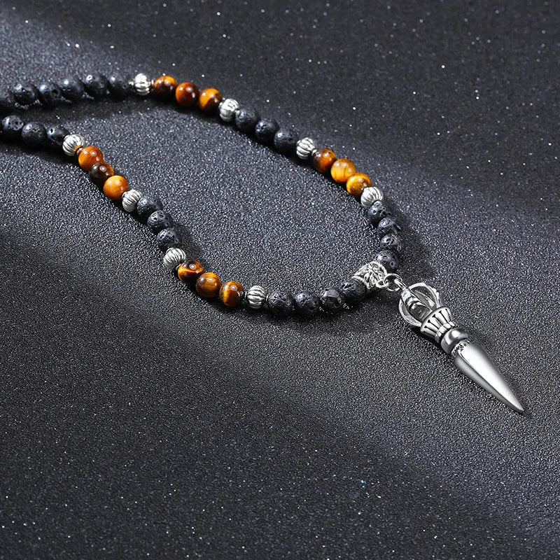 Tibetan Phurba Pendant with Tiger Eye & Lava Stone Beads