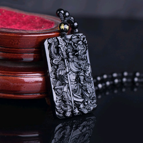 Natural Obsidian Carving Guan Gong Pendant, Men and Women Domineering Fortune God Pendant Obsidian Guan Gong Pendant