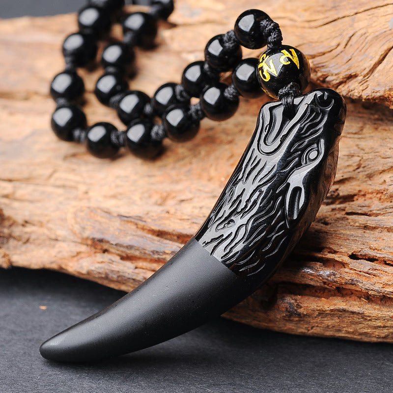 Black Obsidian Wolf Fang Pendant Necklace for Strength & Healing