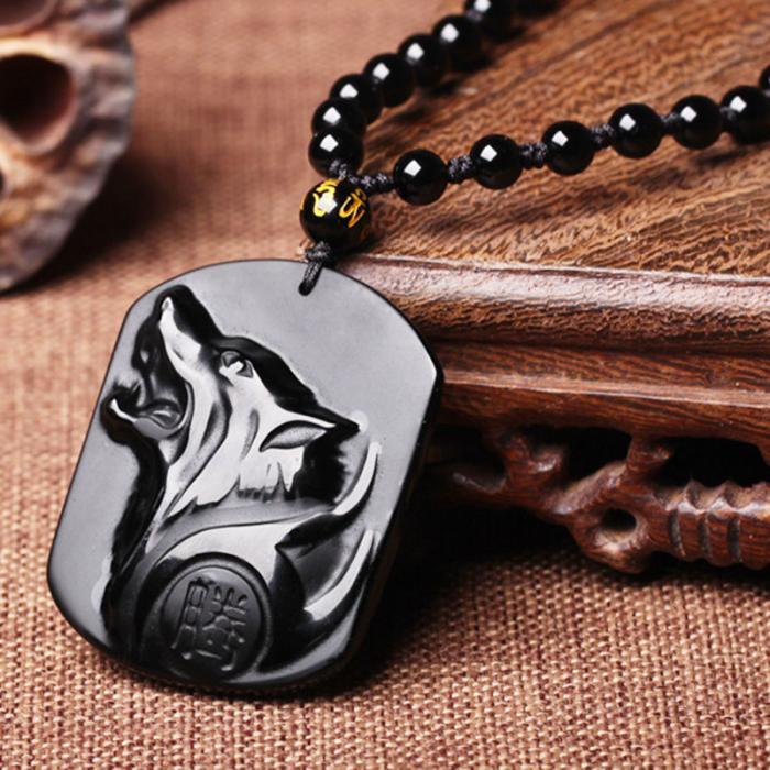 Black Obsidian Wolf Head Protection Pendant Necklace for Men.