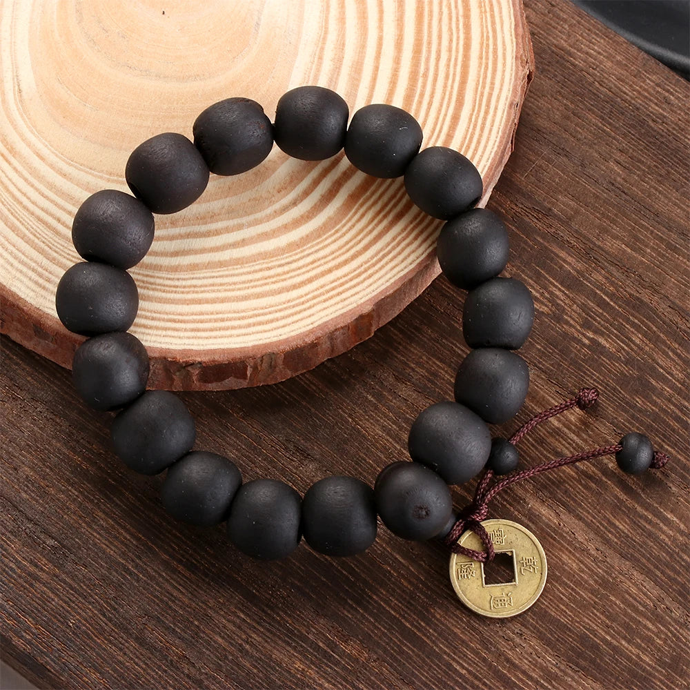 Buddha Wood Bead Bracelet with Copper Coin for Meditation