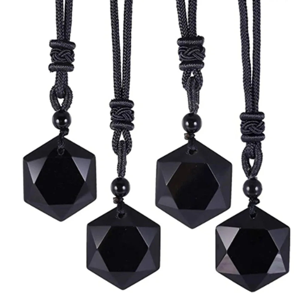 Black Obsidian Hexagram Pendant Necklace for Protection & Luck