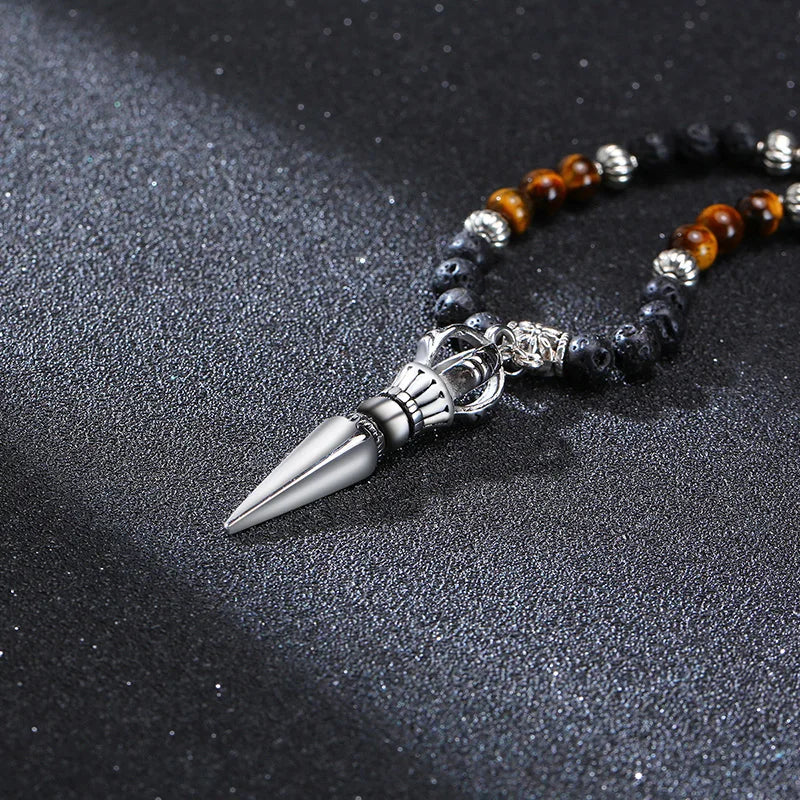 Tibetan Phurba Pendant with Tiger Eye & Lava Stone Beads