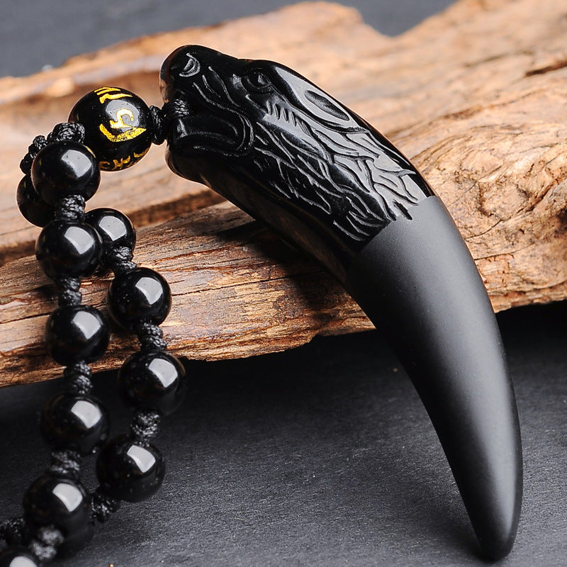 Black Obsidian Wolf Fang Pendant Necklace for Strength & Healing