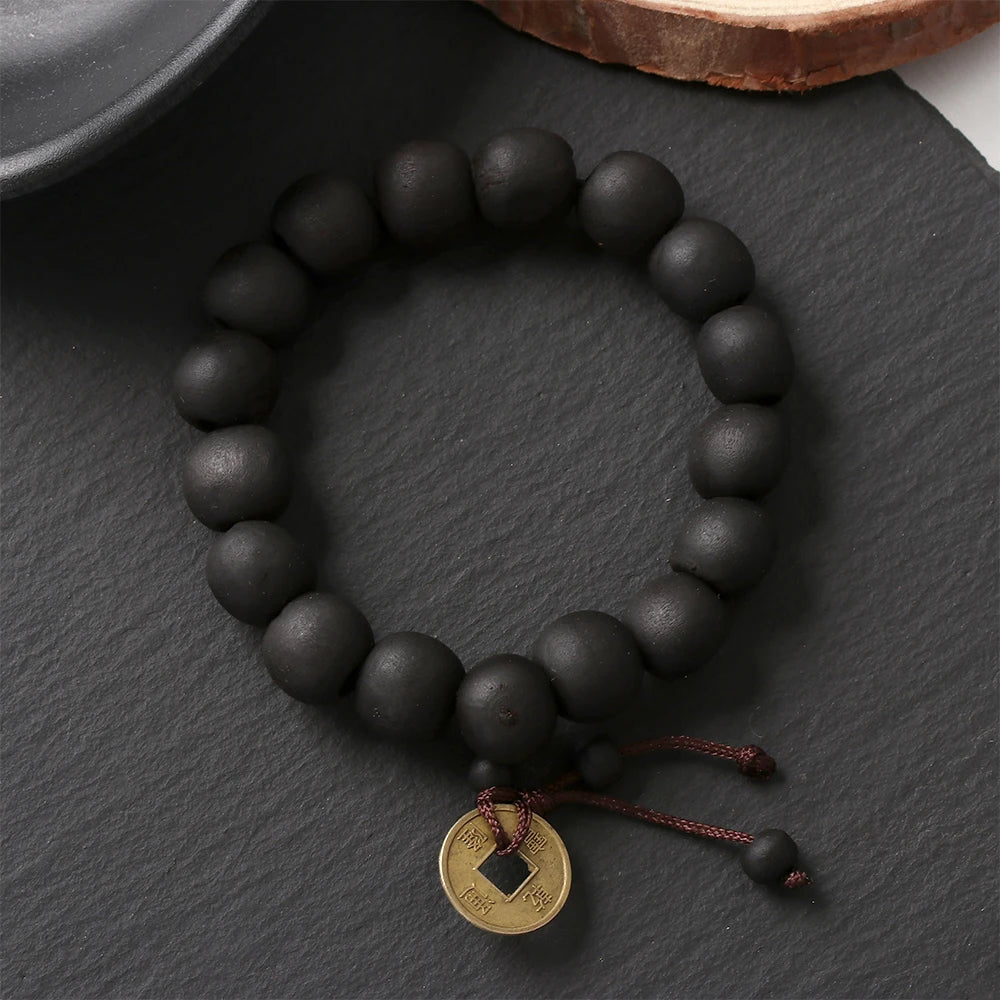 Buddha Wood Bead Bracelet with Copper Coin for Meditation