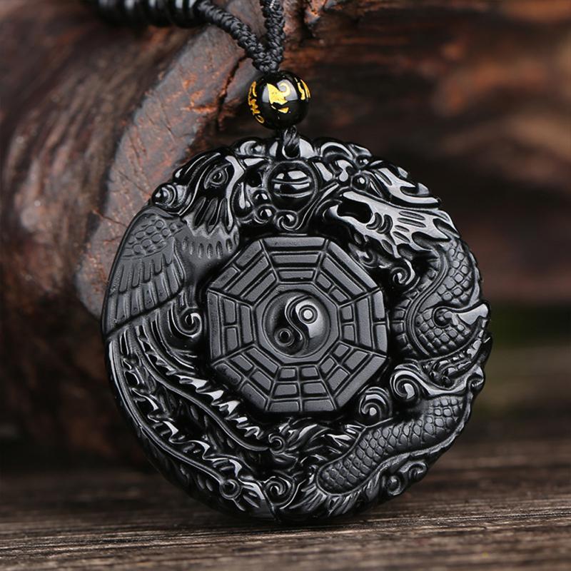 Black Obsidian Dragon Phoenix Yin Yang Protection Pendant