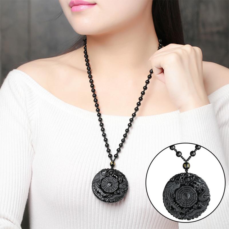 Black Obsidian Dragon Phoenix Yin Yang Protection Pendant