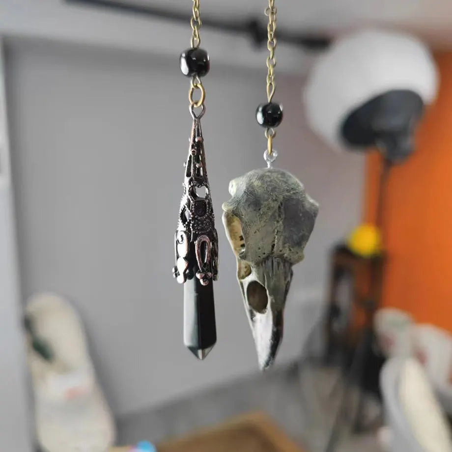 Black Obsidian Crystal Pendulum with Skull Charm for Divination