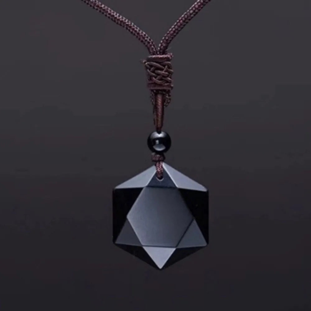 Black Obsidian Hexagram Pendant Necklace for Protection & Luck