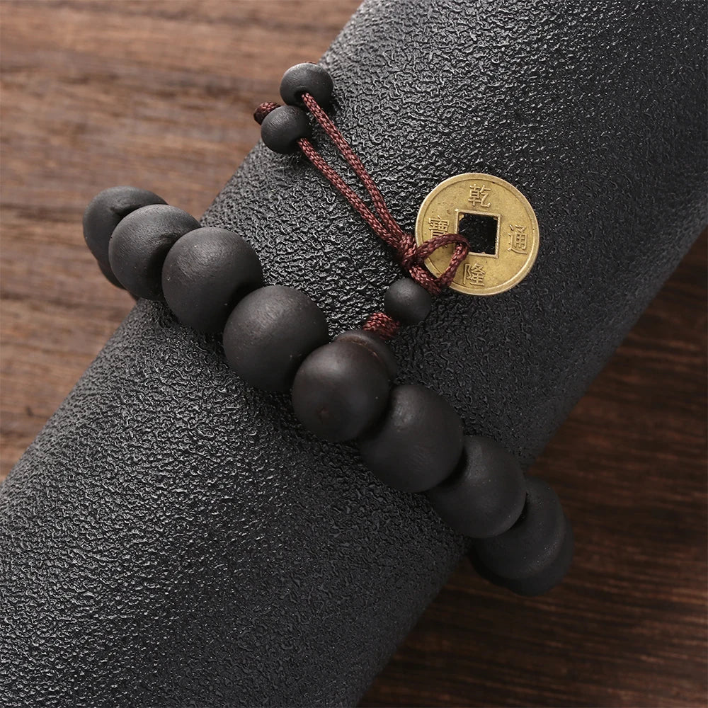 Buddha Wood Bead Bracelet with Copper Coin for Meditation
