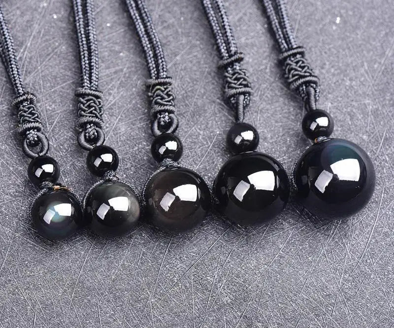 Black Obsidian Rainbow Eye Crystal Protection Pendant Necklace