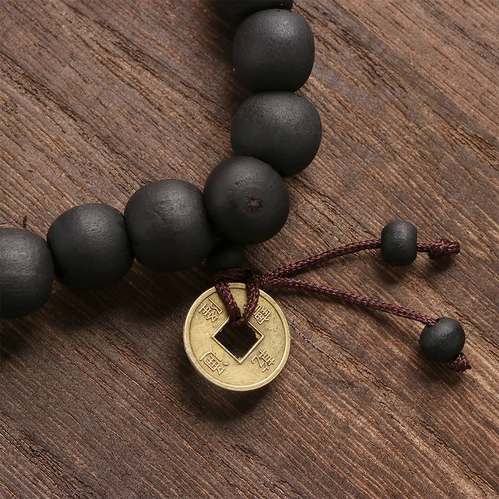 Buddha Wood Bead Bracelet with Copper Coin for Meditation