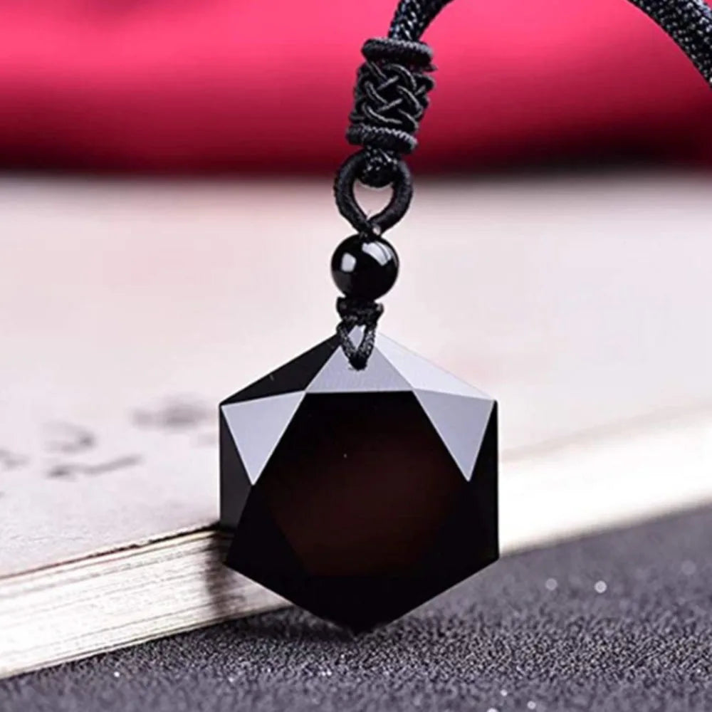 Black Obsidian Hexagram Pendant Necklace for Protection & Luck