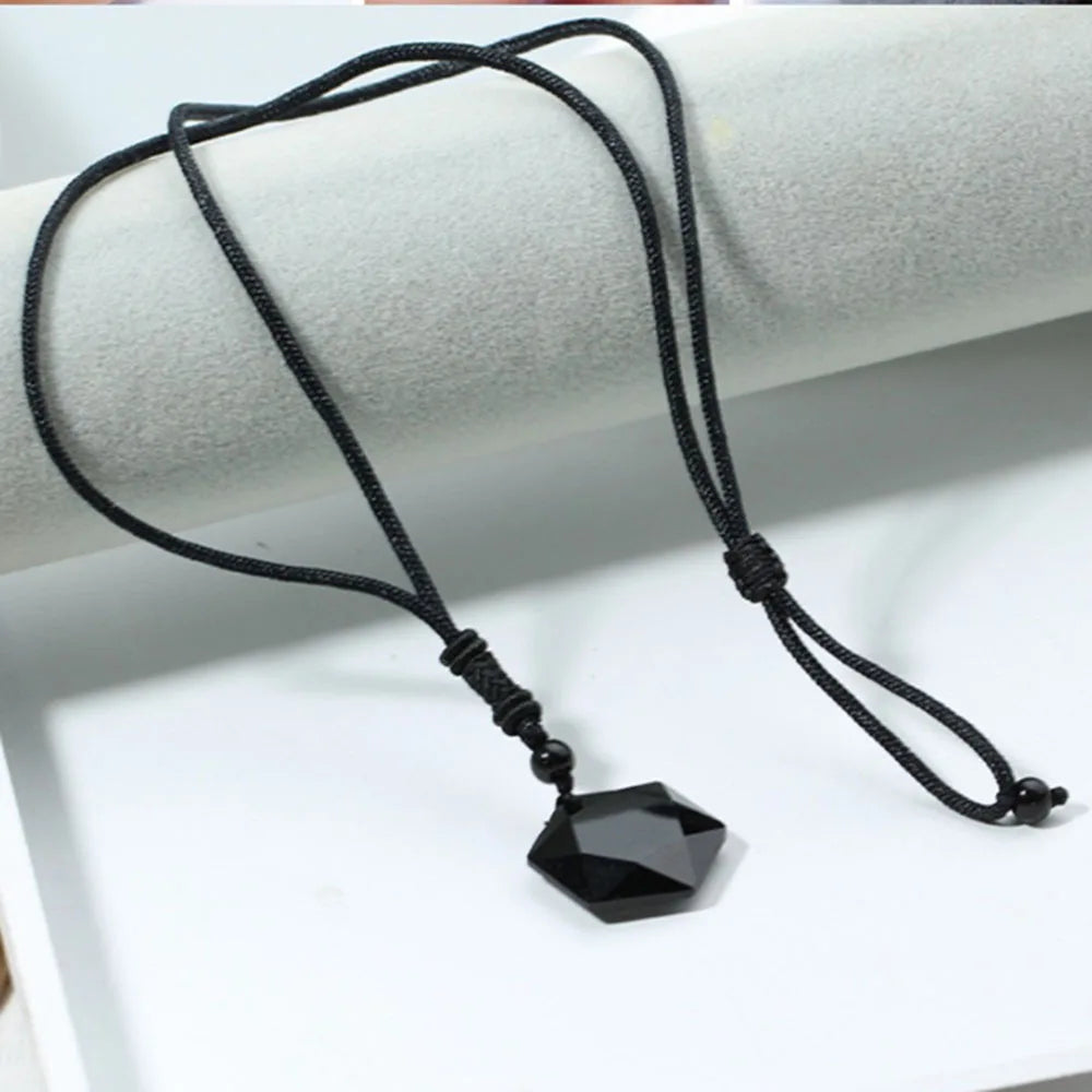 Black Obsidian Hexagram Pendant Necklace for Protection & Luck