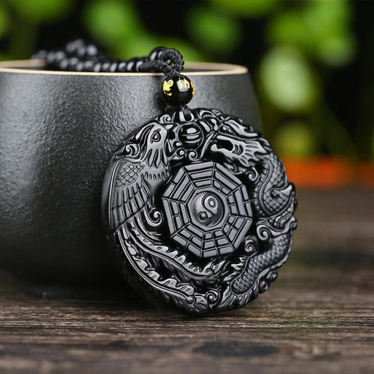 Black Obsidian Dragon Phoenix Yin Yang Protection Pendant - Mystara.shop