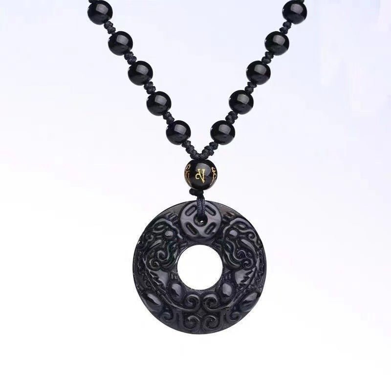 Obsidian Double Pixiu Round Button Pendant Necklace - Mystara.shop