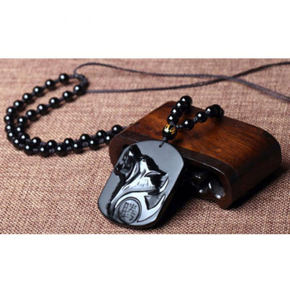 Black Obsidian Carved Wolf Head Amulet Pendant Necklace