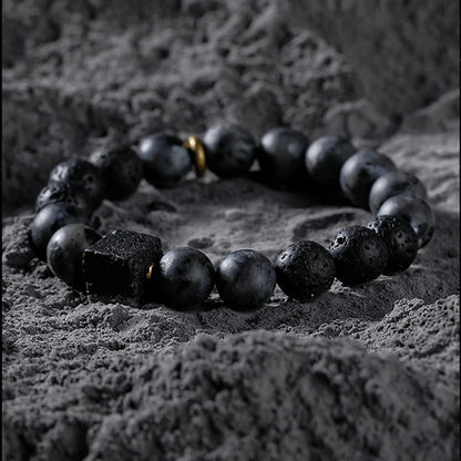 Men’s Obsidian Lava Stone Bracelet with Tiger Eye & Onyx Charm