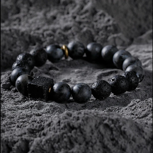 Men’s Obsidian Lava Stone Bracelet with Tiger Eye & Onyx Charm